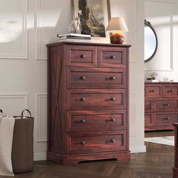 Farmhouse 6 Drawers Chests, Dark Cherry Red Wood