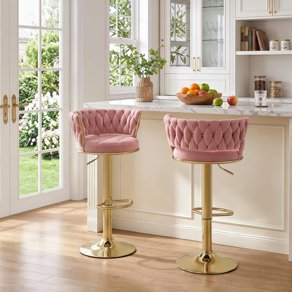 Bar Stools Set of 4, Adjustable Barstools Counter Height Stools with Back and Arm, Velvet Woven Kitchen Island Stools