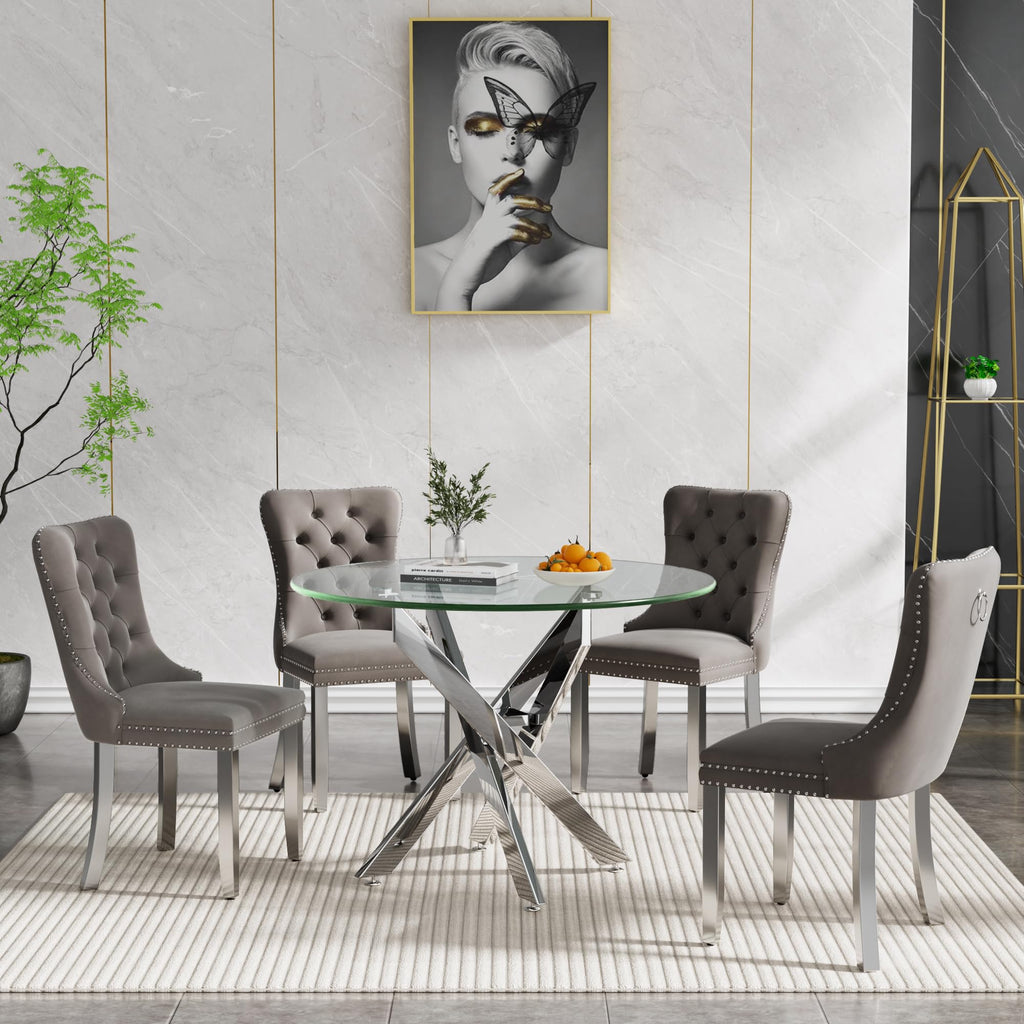 7 Piece Round Dining Table Set with 6 Upholstered Chairs, 47'' Glass Round Kitchen Table Set for 6, X-Shape Metal