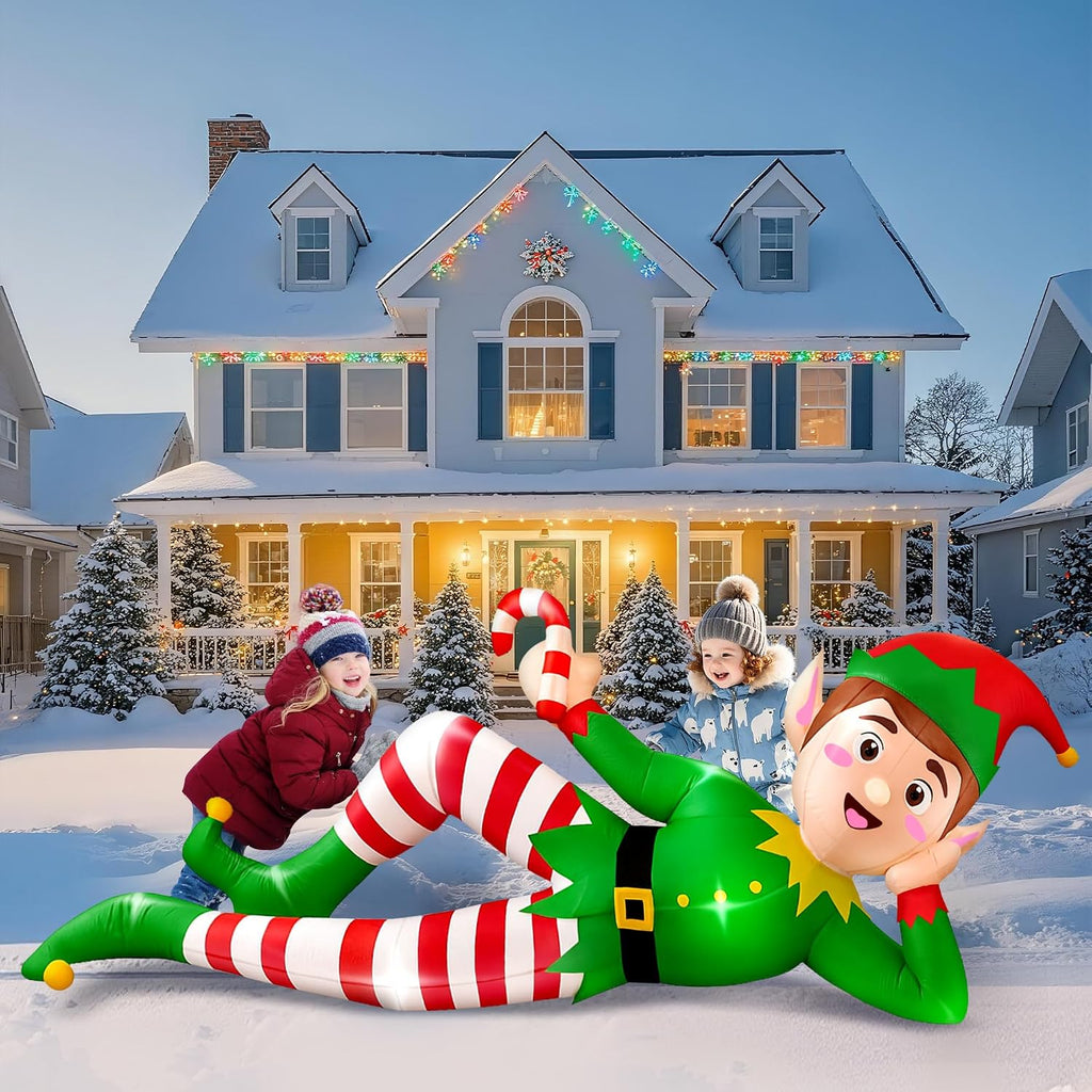 8 FT Christmas Inflatable Outdoor Decoration, Lying Elf Christmas Blow up Yard Decorations with LED Lights, Elf