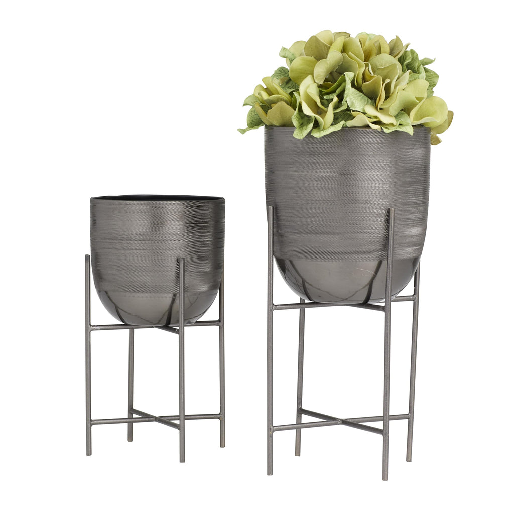 Metal Small Brushed Dome Planter with Removable Stand, Set of 2 12", 9"H, Gray