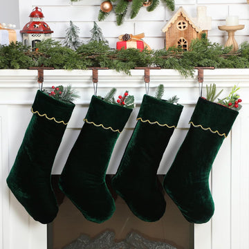 Velvet Christmas Stockings 20 Inch Large Green Xmas Stockings with Scalloped Gold Edge Hanging Soft Velvet - Set of 4