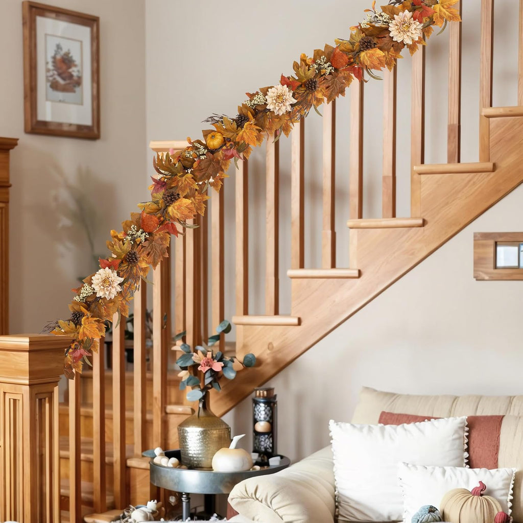 Fall Garland 6Ft Lifelike Autumn Maples Leaf Pumpkin Garland with Berries Pine Cones, Fall Decorations Thanksgiving - Set of 6