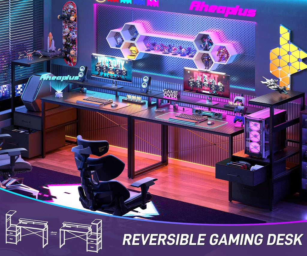 59" Gaming Desk with RGB LED & Power Outlet &PC Case/Printer Stand | Reversible Computer Desk with Monitor Stand &