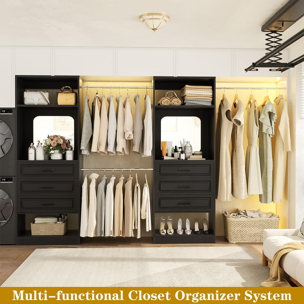 6-14FT Wood Closet System with 6 Drawers and Mirror, Black