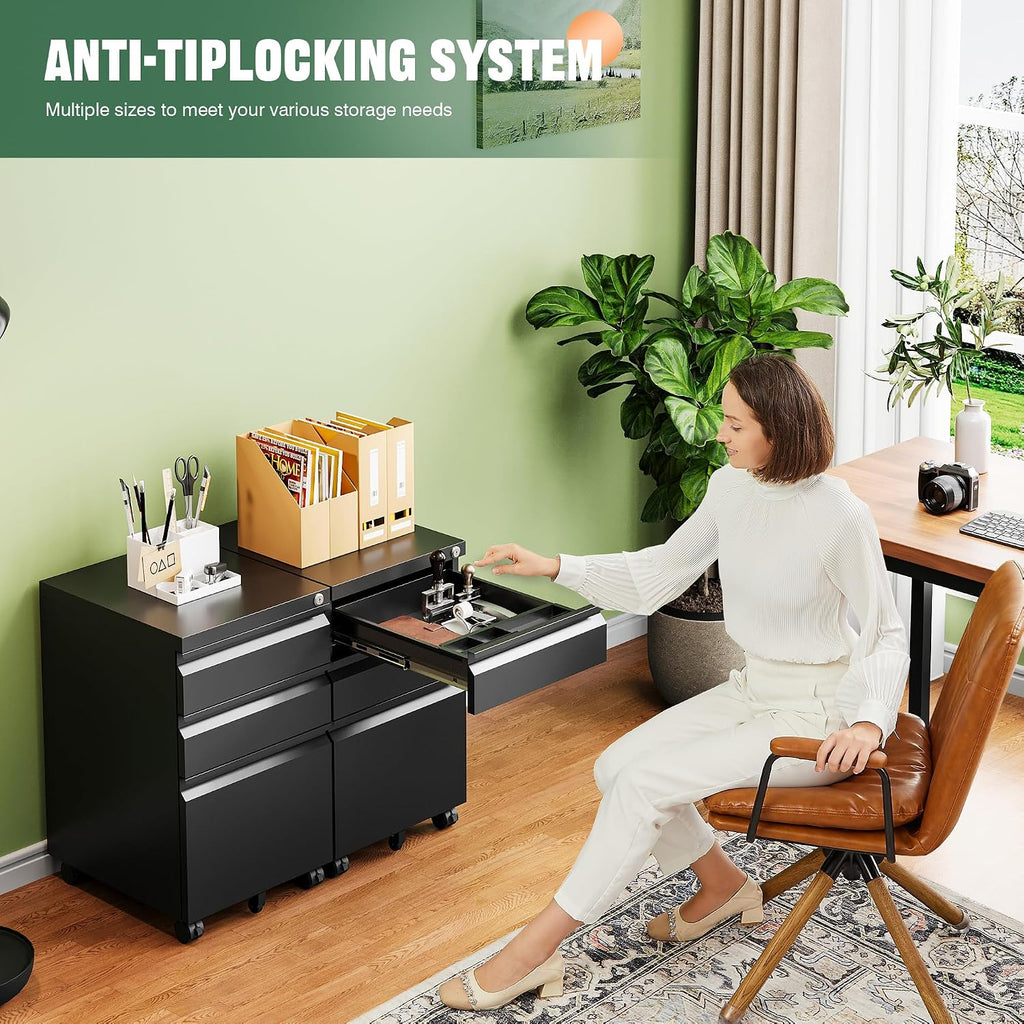 3 Drawer Mobile File Cabinet with Lock,Under Desk Metal Filing Cabinets Organizer Letters/Legal/A4((Fully