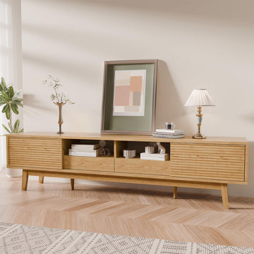 70" Mid Century Modern TV Stand for TVs up to 75 Inch, Low Profile Entertainment Center with Fluted Sliding Doors &