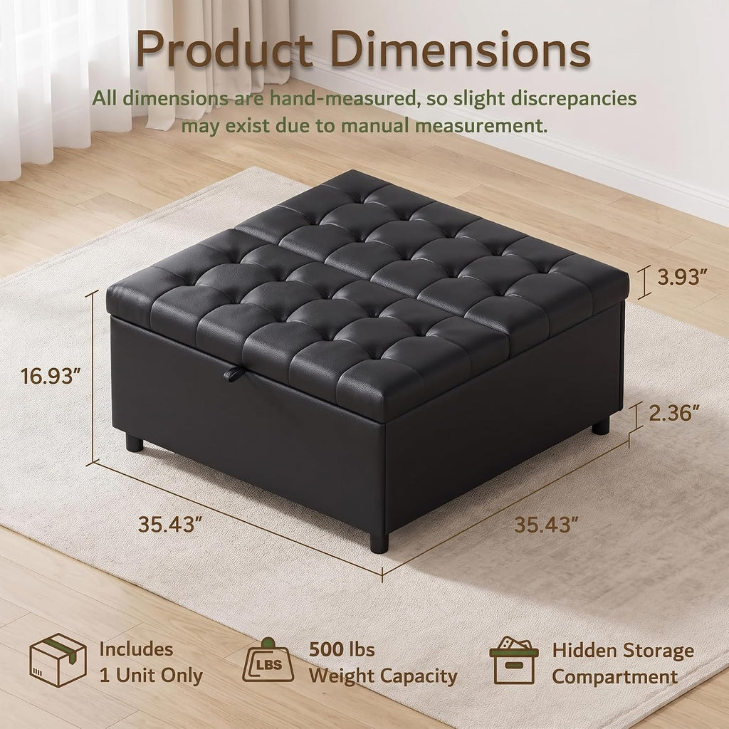 36 Inch Extra Large Black Leather Lift Top Living Room Storage Ottoman | Tufted Upholstered Shoe Storage Entry Bench
