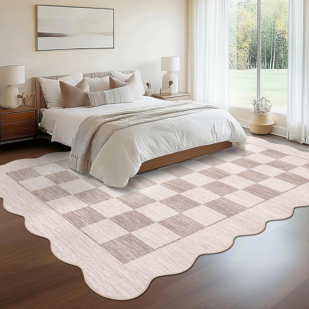 Scalloped Area Rug Modern Checkered Living Room Carpet, Non Slip Non Shedding Low Pile Indoor Rug, Machine