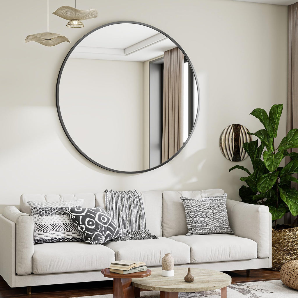Large Black Round Bathroom Mirror 48" with Thin Metal Frame