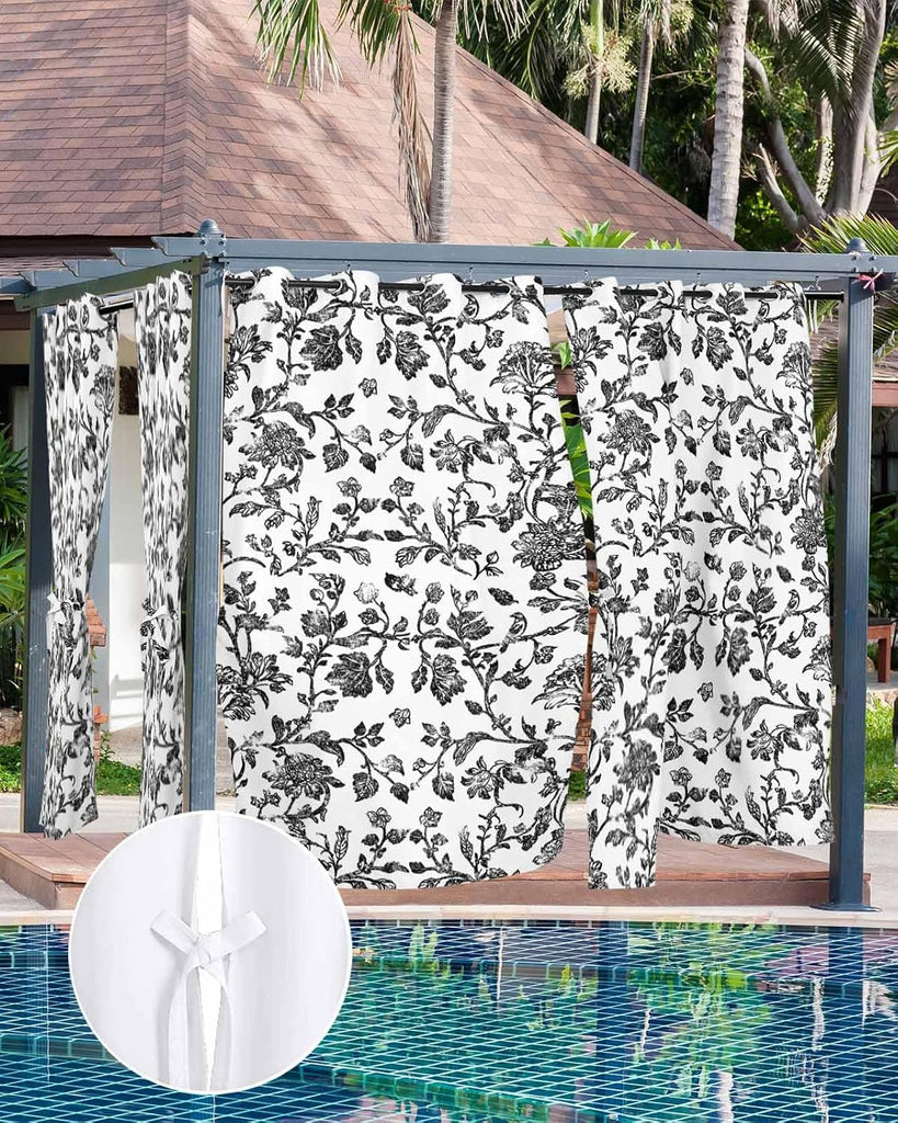 Outdoor Curtains Waterproof, Vintage Black Floral Farmhouse Flower Pastoral Style Grommet Weatherproof Privacy