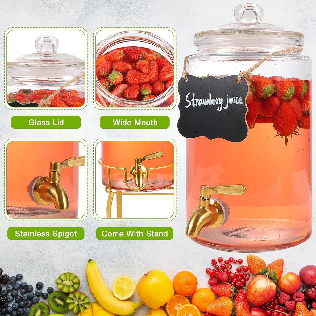Drink Dispensers for Parties,2 Pack 1 Gallon Beverage Dispenser with Stand,Drink Dispenser With Glass Lid - Set of 2
