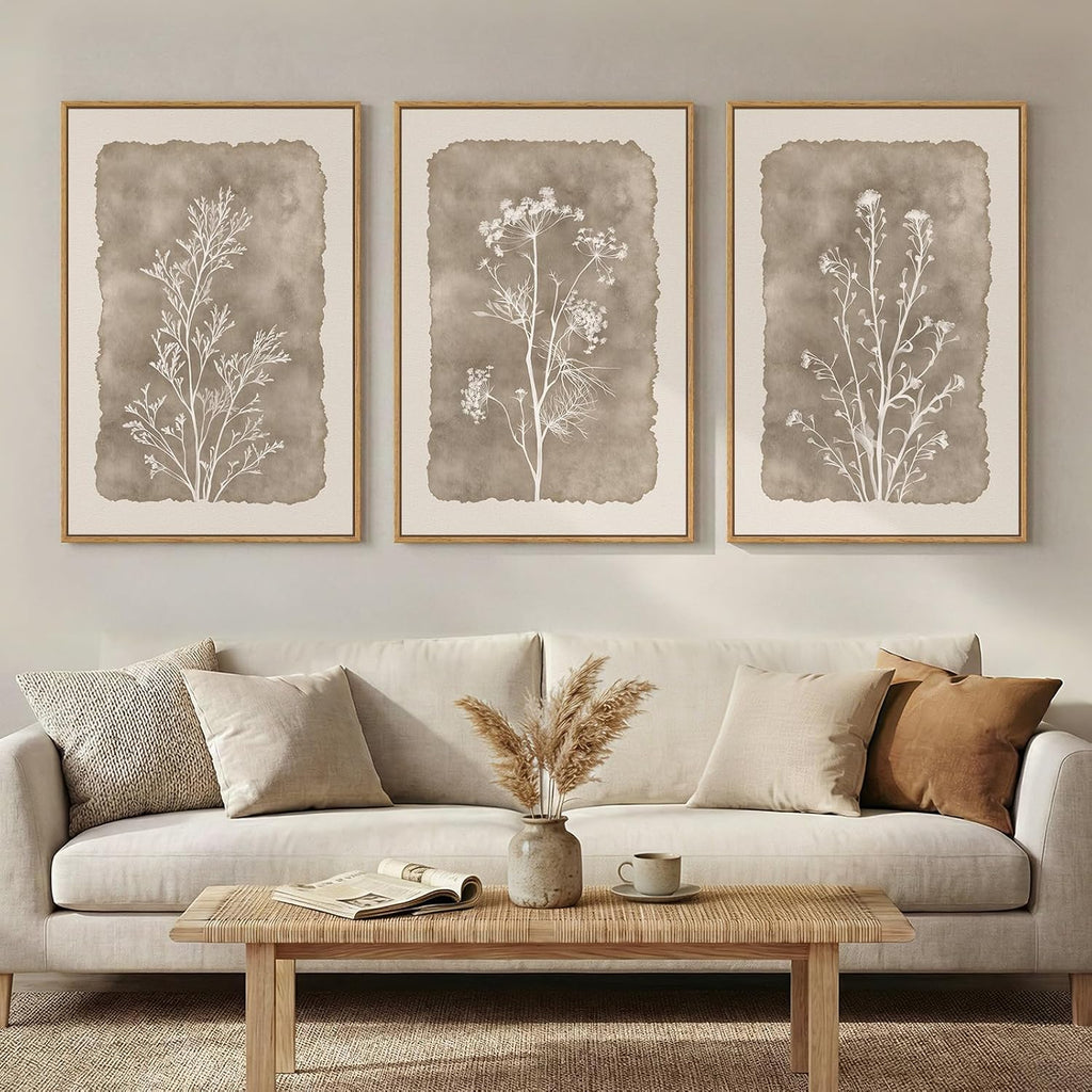 3 Piece Framed Neutral Botanical Wall Art Set, Large Farmhouse Floral Canvas Prints Paintings, Minimalist Wildflower
