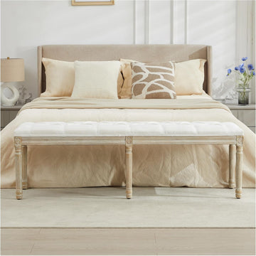 58'' Linen End of Bed Bench King Size, White | Vintage, Upholstered, Button-Tufted, Carved Wood Legs