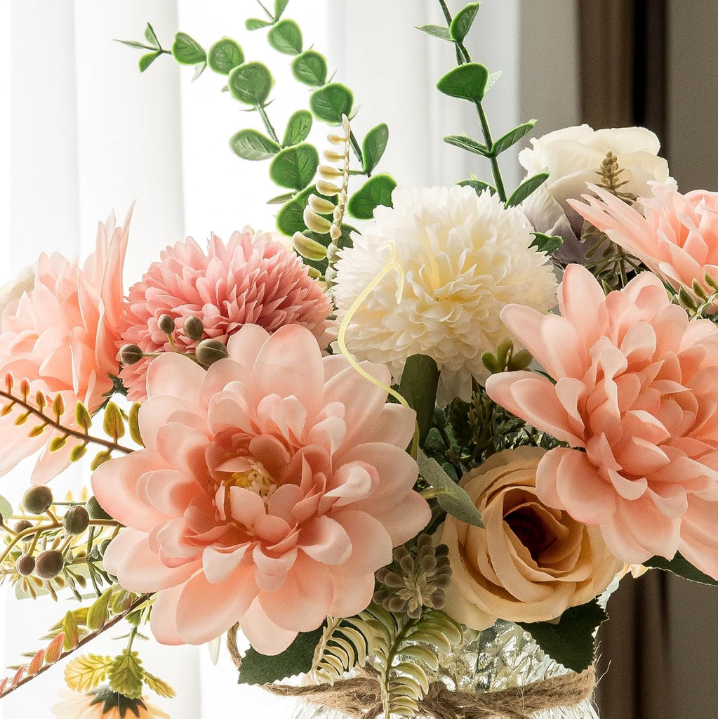 Fake Flowers with Vase,Faux Flowers in Vase Decor,Silk Pink Dahlia Artificial Flowers with Vase for Coffee Table