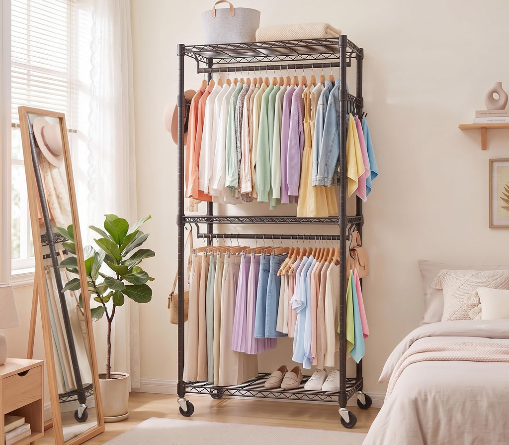 Double Rods Clothes Rack, Heavy Duty Clothing Rack on Wheels, Black