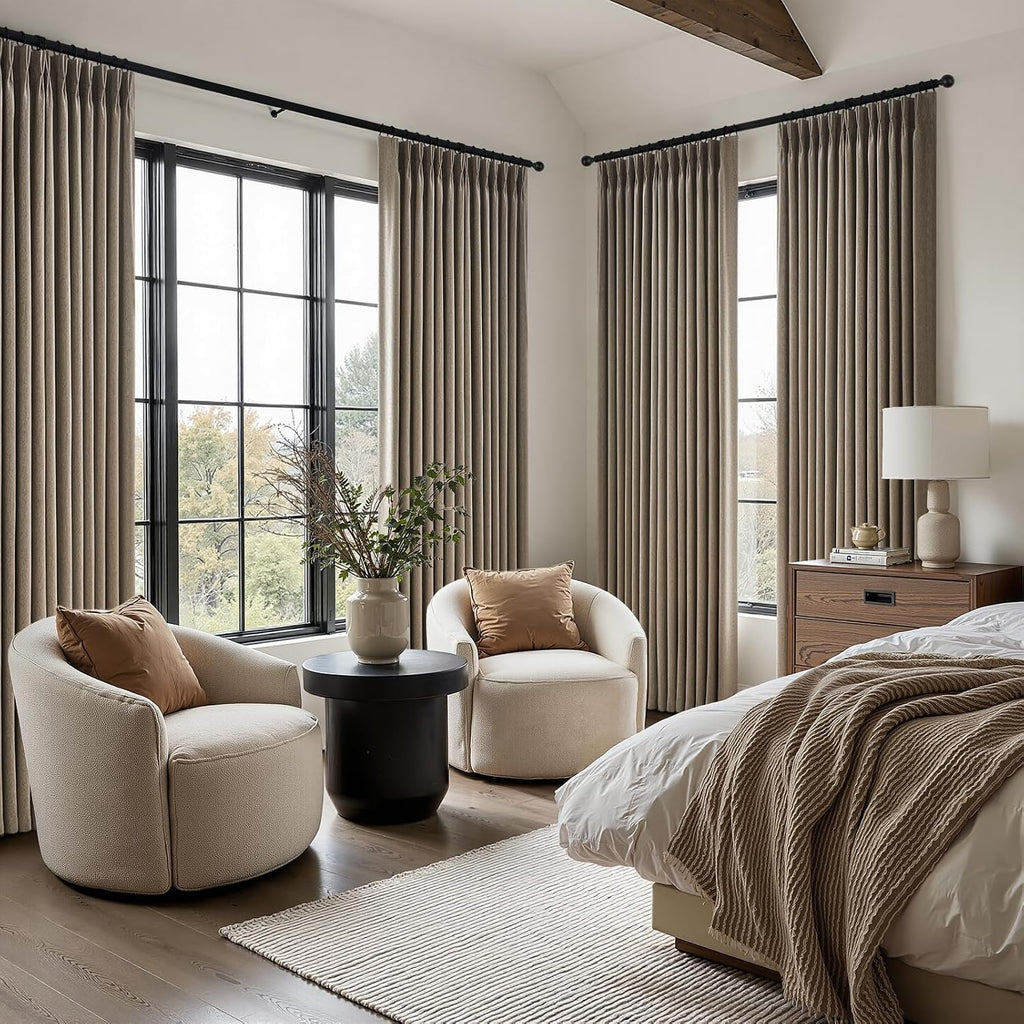 96 Inches Long Pleated Sheer Curtains,Dark Linen Blended Light Filtering Window Curtains 96 Length 2 Panels for