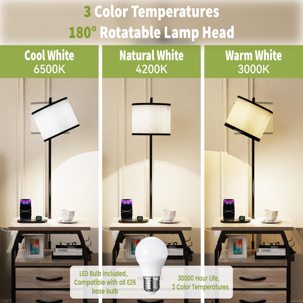 Floor Lamp with Table Set 2, End Table with Light & Charging Greige