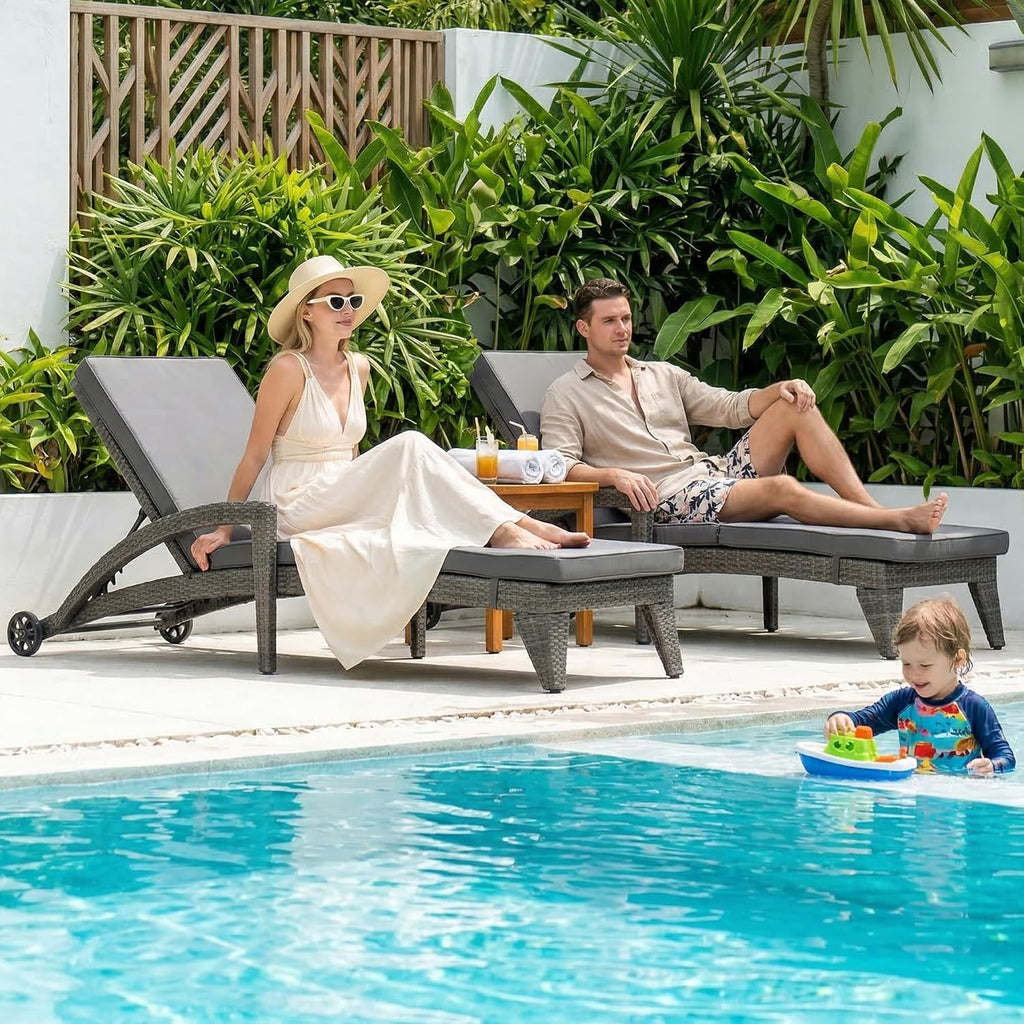 Chaise Lounge Chairs Set of 2, Upholstered 5-Positions Adjustable Lounge Chairs, Wicker Outdoor Long Reclining Chaise