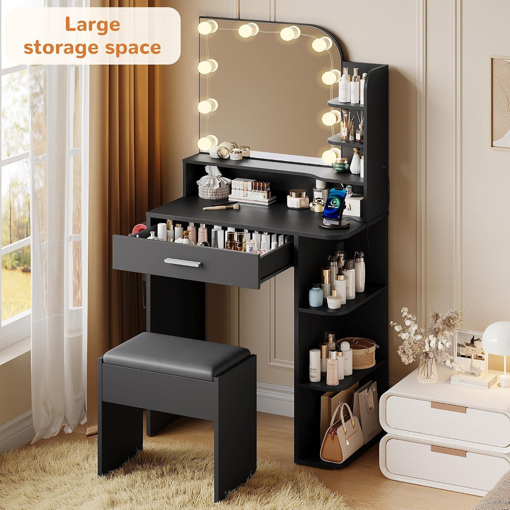 Black Vanity, Set with Big Mirror, Lights & Chair, for Girls | Small footprint, huge storage, 14.2×26.5×54.4"