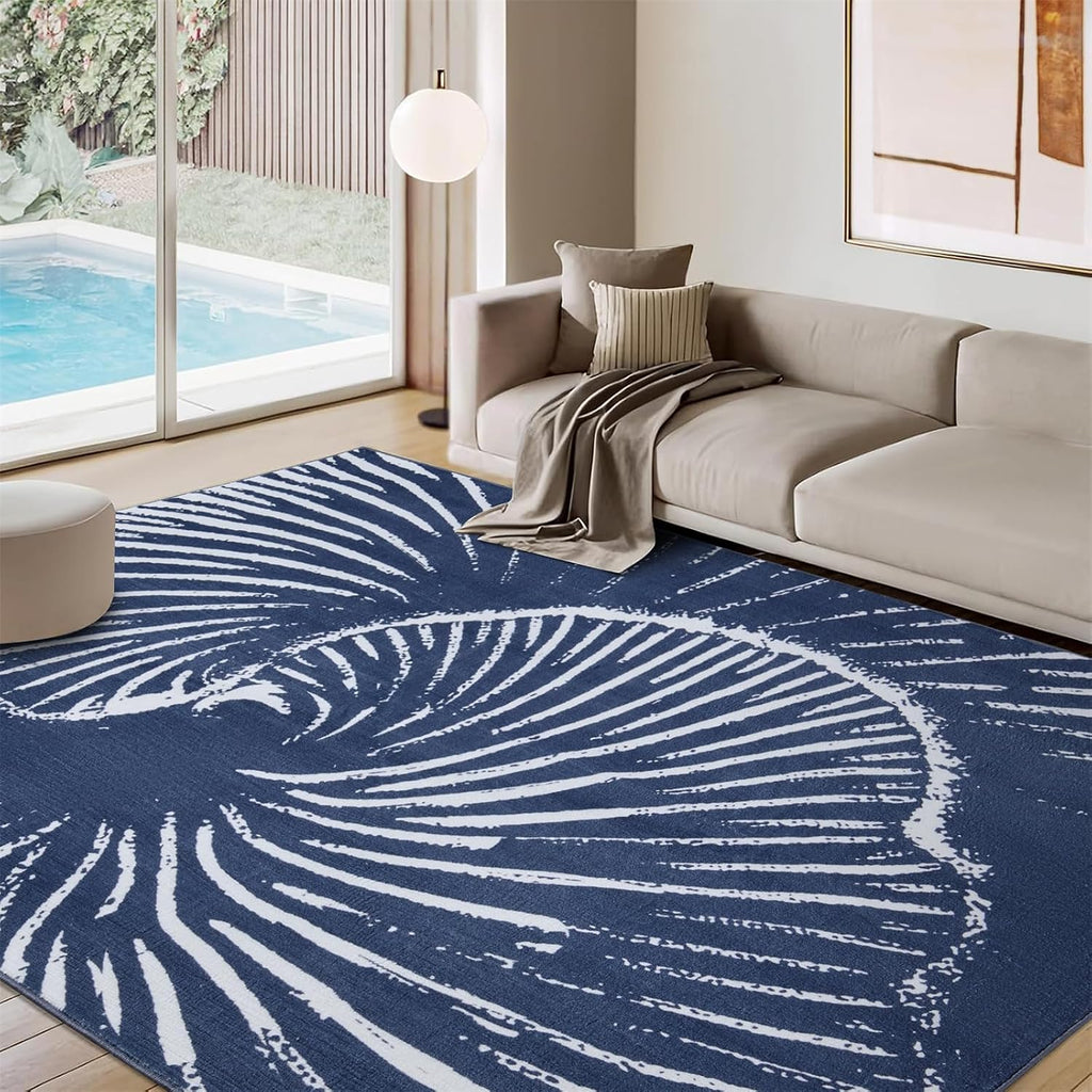 Modern Contemporary Area Rugs Navy Blue Washable, Ultra Thin Abstract Swirl Stripes Ocean Wave Minimalist Indoor