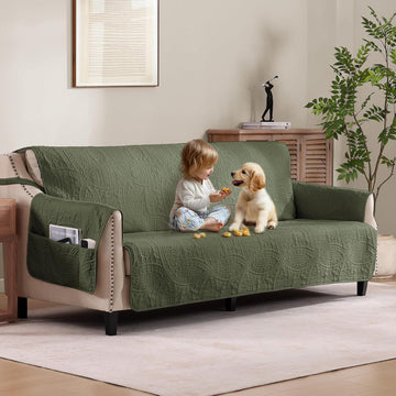 Quilted Olive Green Sofa Slipcovers with Pockets, Anti-Slip Medallion Couch Covers for 3 Cushion Sofa, Couch Cover