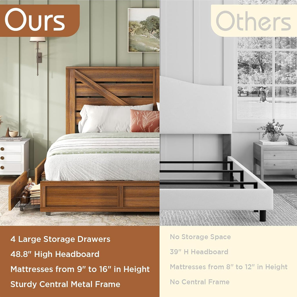 48.8" H Queen Bed Frame with 4 Storage Drawers, Farmhouse Platform Bed with Barn Door Headboard, Rustic Wood Grain