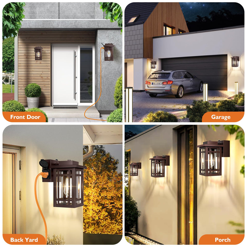 2-Pack Outdoor Porch Lights with Outlet, Dusk to Dawn Modern Outdoor Wall Lights Exterior Lighting Fixtures