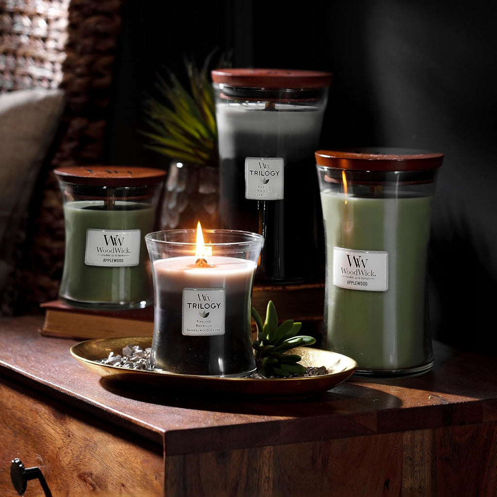 Medium Hourglass Scented Trilogy Candle | Warm Woods | with Crackling Wick | Up to 60 Hours Burn Time