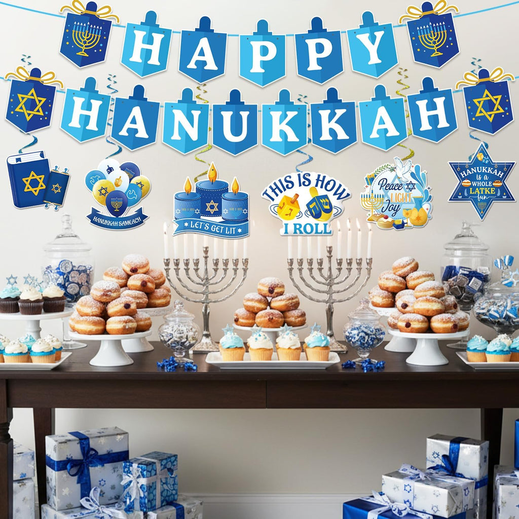 Hanukkah Decorations Blue and White Happy Hanukkah Banner and Hanging Swirls Need DIY Chanukah Party Decor - Set of 14