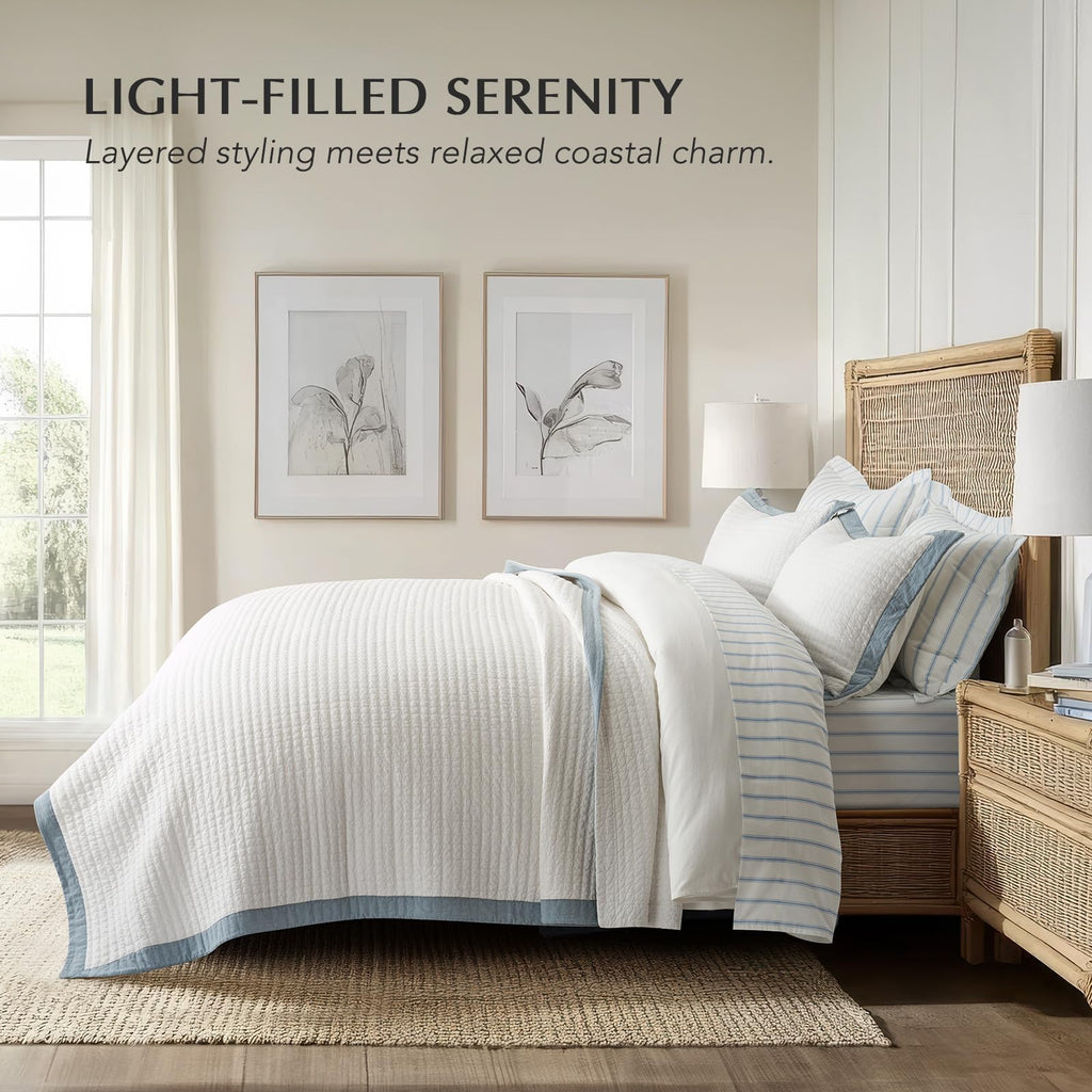 Cotton Border Frame Tack-Stitch Quilt Bedding Set King Size, Coastal Oversized 3 Pieces Lightweight Bedspread
