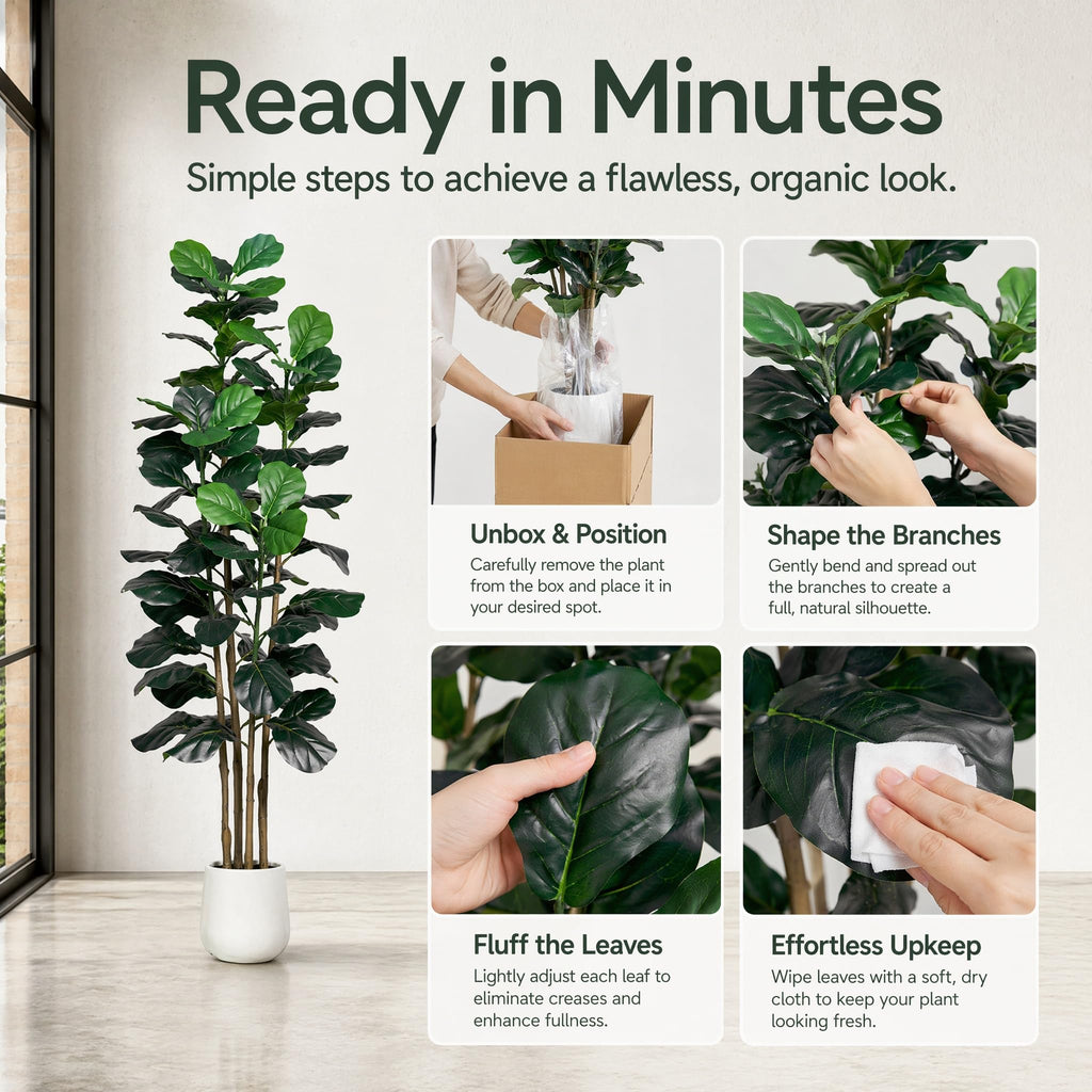 6FT Faux Fiddle Leaf Fig Tree with White Planter Pot, Fake Tree with 4 Trunks, Faux Floor Plant, Indoor and Outdoor
