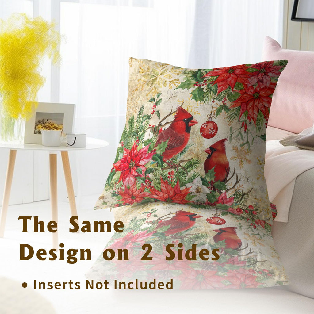 Xmas Bird Winter Holly Pillow Covers 16 x 16 Inch Red Poinsettias Berry Pine Cone Square Seasonal Decorative Pillow