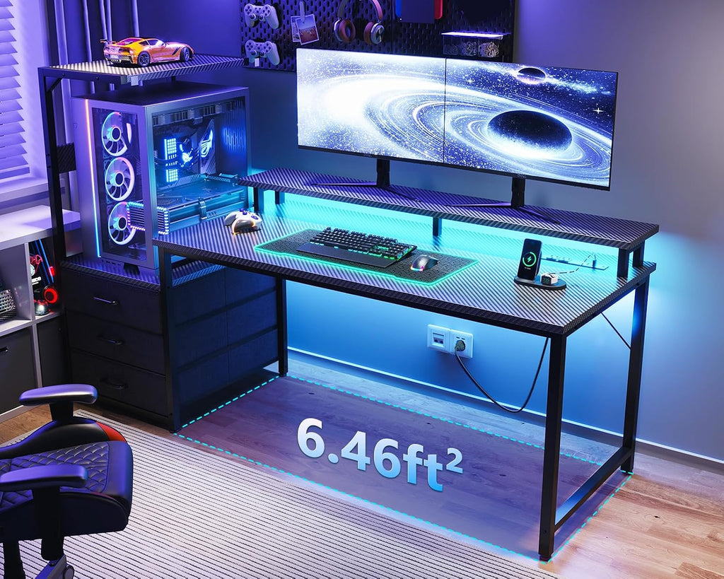 63 inch Gaming Desk with PC Display Stand, Reversible Steel Wood Computer Desk for Gaming Setup, Tiered Design to