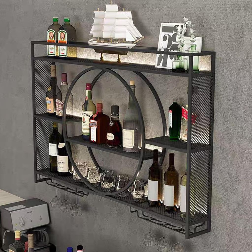 Wine Rack Wall Mounted with LED Light,Bar Liquor Shelf,Black,100*80*15 | Metal,3-Tier,Wine Glass Holder,Modern,Home