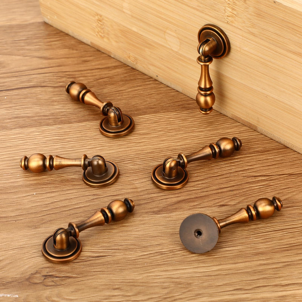 6 Pack Antique Brass Drop Cabinet Pulls 2.5 Inch Solid Brass Cabinet Knobs for Dresser and Drawers, Decorative