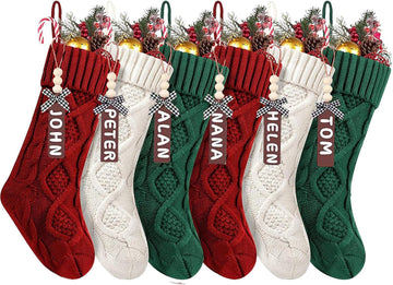 With Wooden Name Tags, 18" Xmas Cable Knitted Stocking - Holiday Hanging Decor Gifts for Family Party - Set of 6