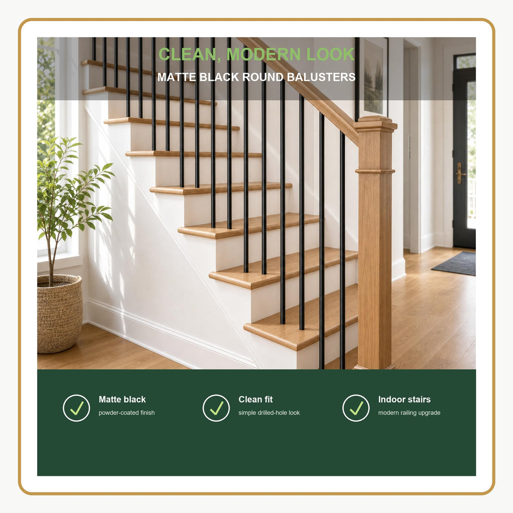44 in Stair Balusters, 5/8 in OD Round Black Staircase Spindles, 50 Pack