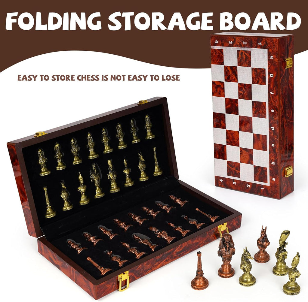 Large Egyptian Metal Chess Set for Adults - 15 Inch Foldable Wooden Chess Board with Weighted Antique Chess Pieces