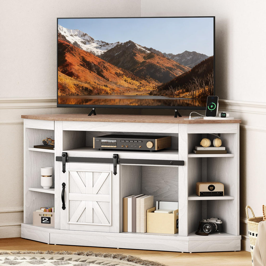 Corner TV Stand with Sliding Barn Door & Power, Storage, Grey Wash