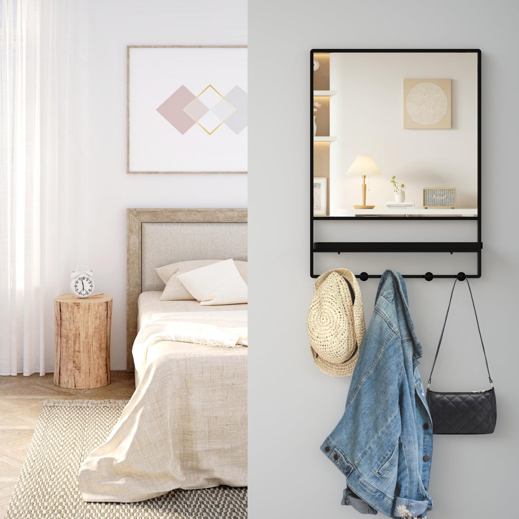 Wall Mirror with Shelf and Hooks,Bathroom Vanity Mirror with Hooks, 21 X 28 inch Metal Framed Decorative Mirror