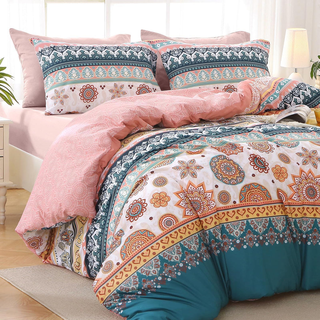 Queen Comforter Set, 7-Piece Floral Bed in a Bag, Bohemian