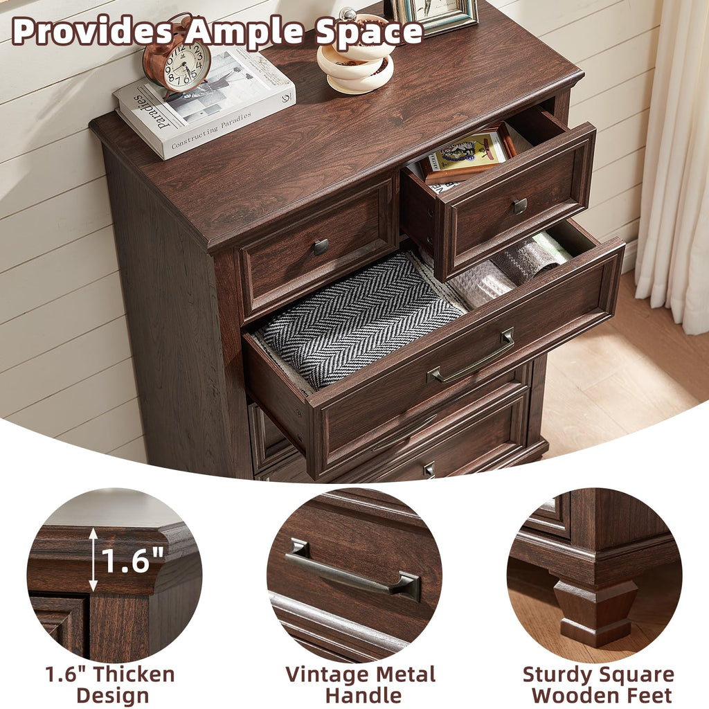 Farmhouse 6 Drawer Dresser, 45 Inch Tall Vintage Wood Chest of Drawers, Mid-Century Dressers w/Square Wooden Legs