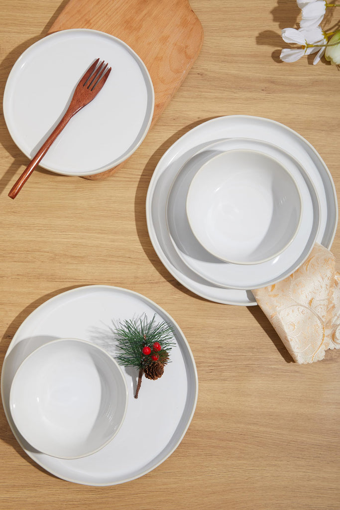 Minimalist Dinnerware Set, 24 Piece Fog White Plates and Bowls Set for 8 - Sculpted Ceramic Dish Sets for Gatherings