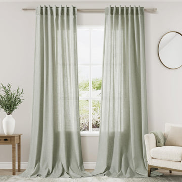 Sage Green Curtains 120 inches Long 2 panels Back Tab Rod Pocket Semi Sheer Linen Drapes Neutral Room Decor Earth