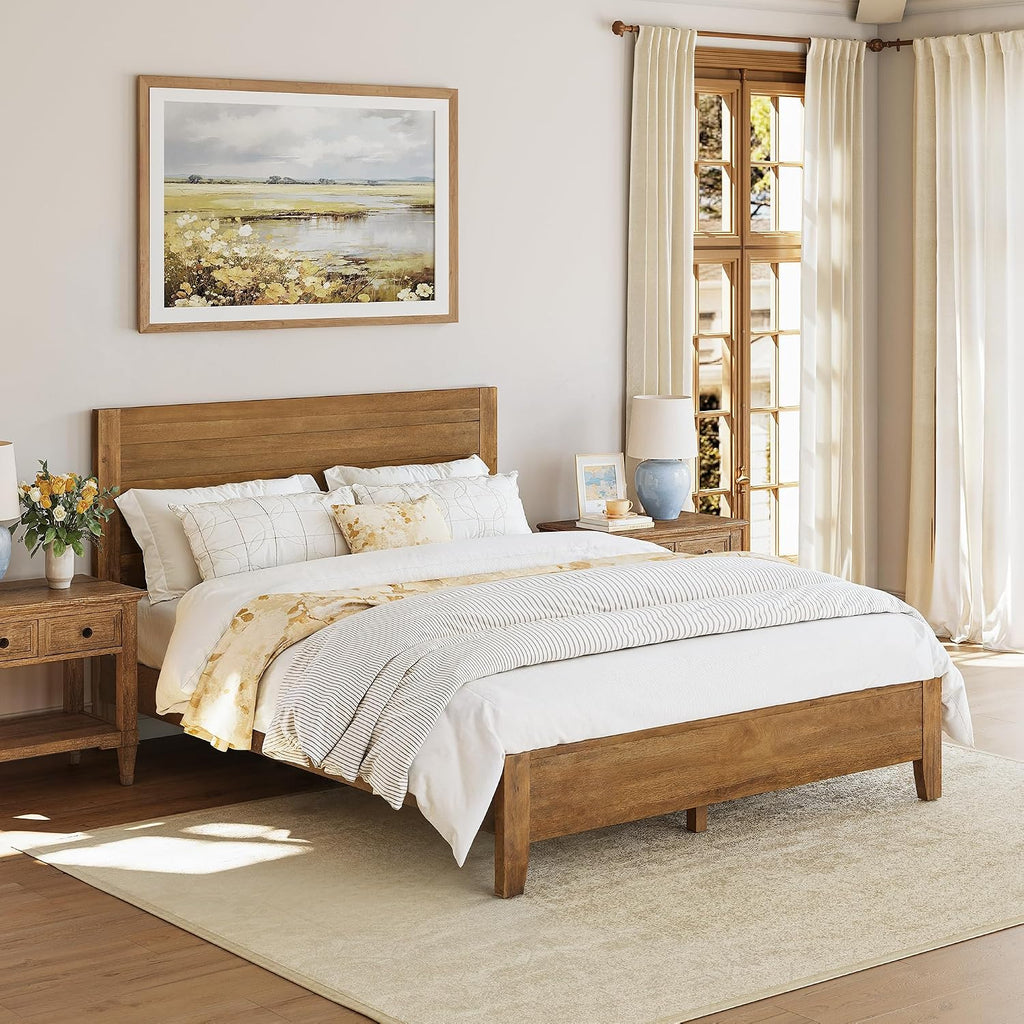 Queen Bed Frame with Headboard, 100% Solid Acacia Wood Platform, 800lb Heavy Duty Support with 10 Reinforced Legs