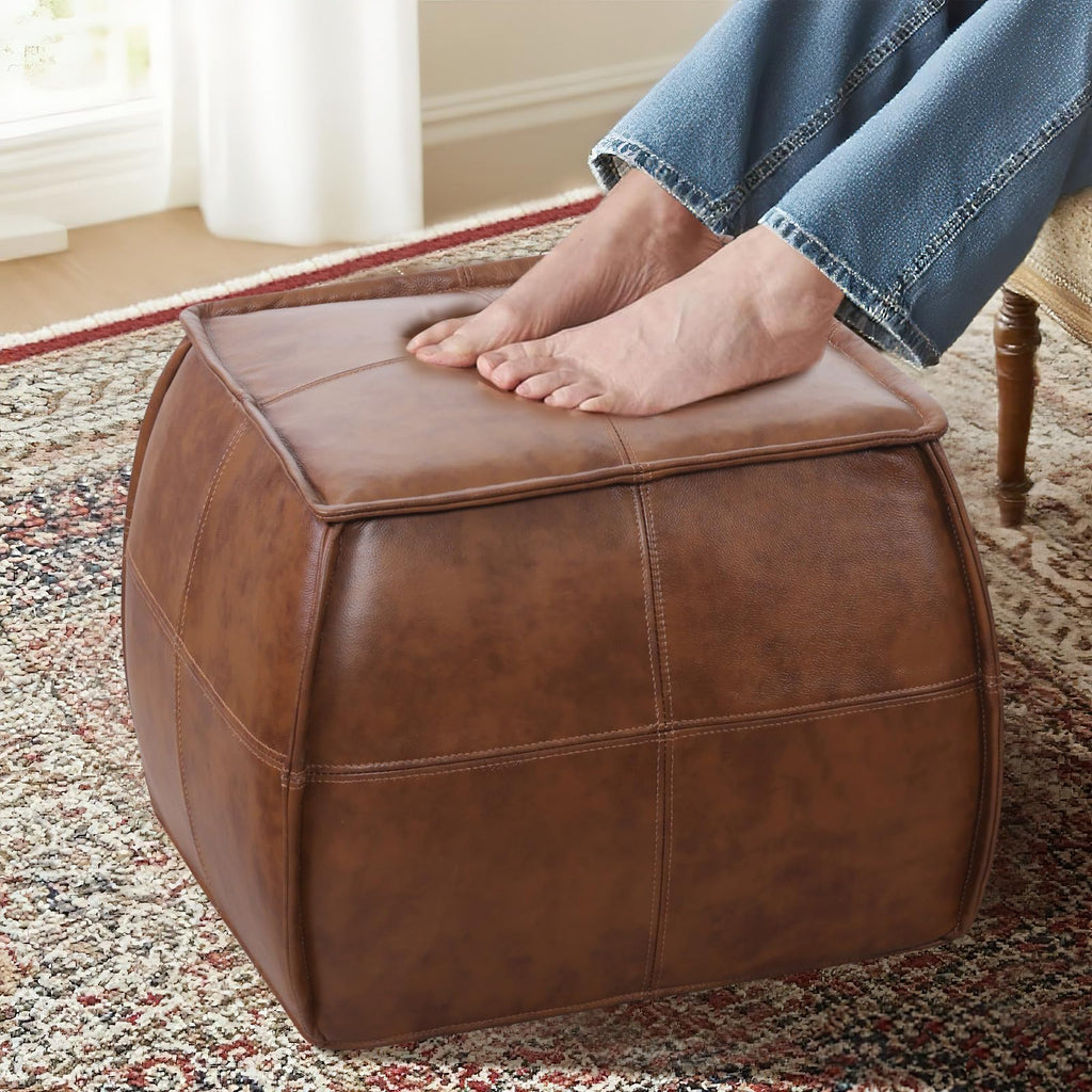 Genuine Leather Ottoman, Square Pouf Footstool (Square, Brown)