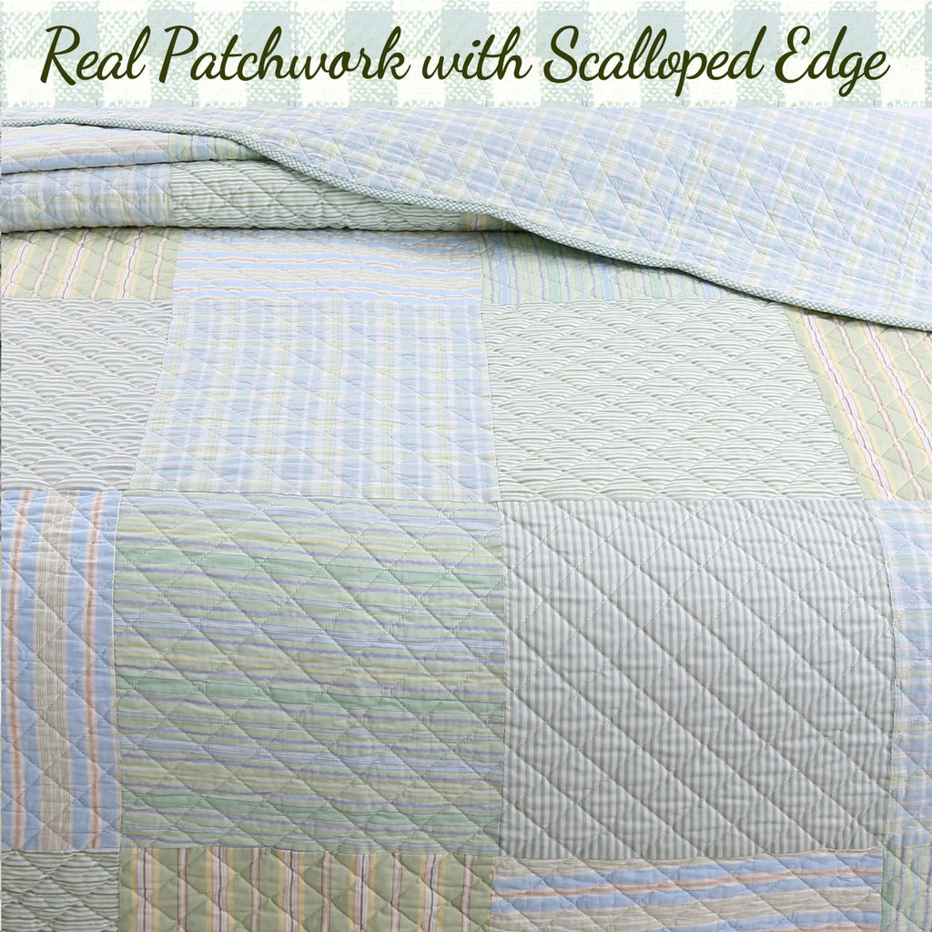 100% Cotton Reversible Quilt Bedding Set, Green Modern Plaid Striped Gingham All-Season Coverlet Bedspread (Juniper