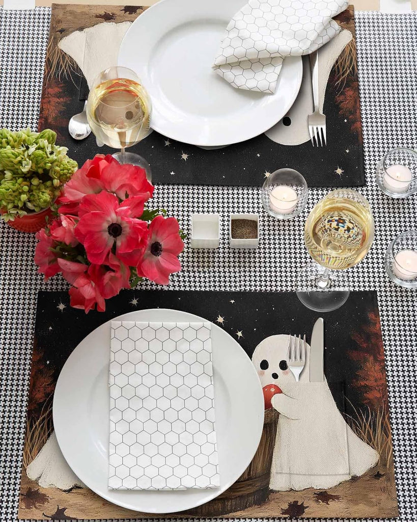 Cute Ghost Placemats Set of 6, Autumn Napkins Harvest Black Night Woven Placemat Washable Wipeable Table Placemat