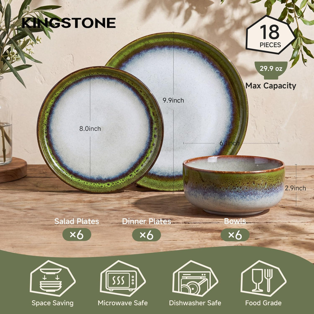 Dinnerware Set for 6, Green Reactive Glaze Plates and Bowls Sets